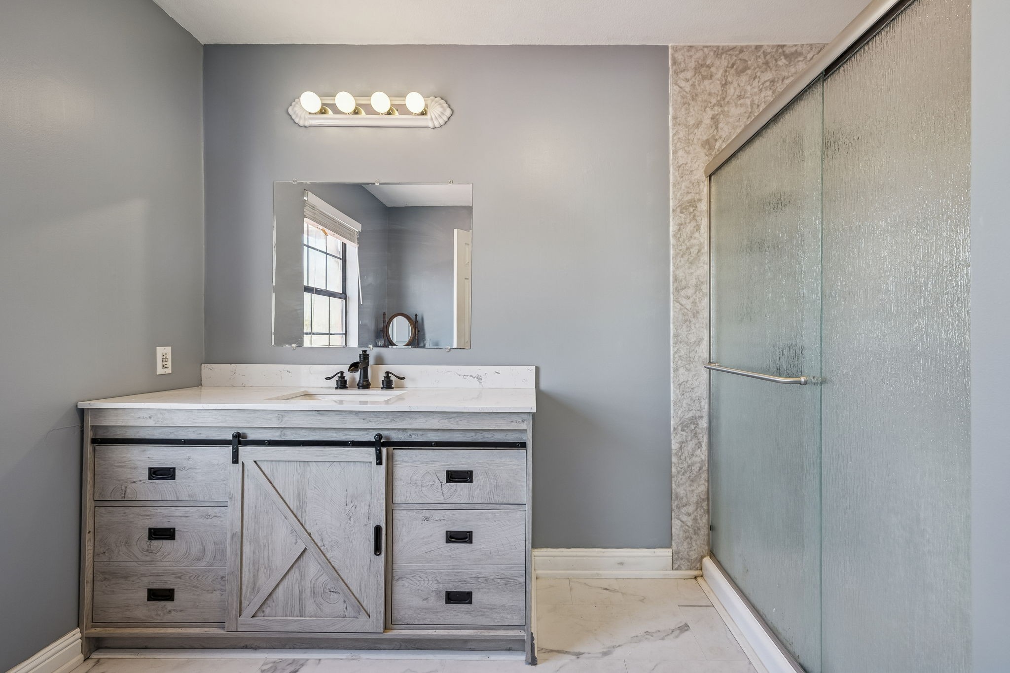 485 Lower Roans Creek Road Linden, TN 37096 - Photo 9 of 43 a bathroom with a granite countertop sink a light fixture and a vanity