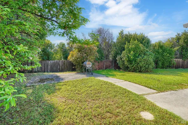 a view of a backyard with large trees