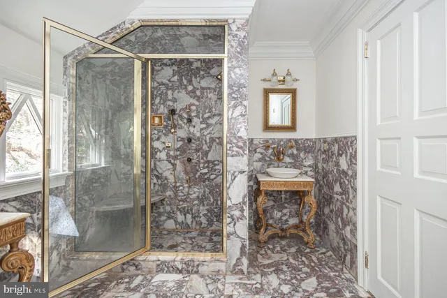 a bathroom with a shower and a sink