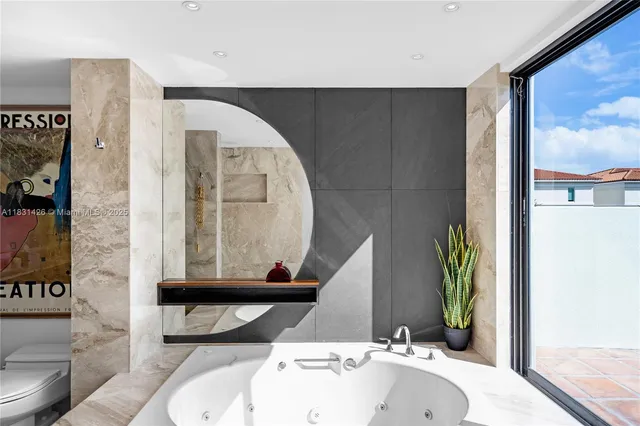 a bathroom with a shower and a toilet