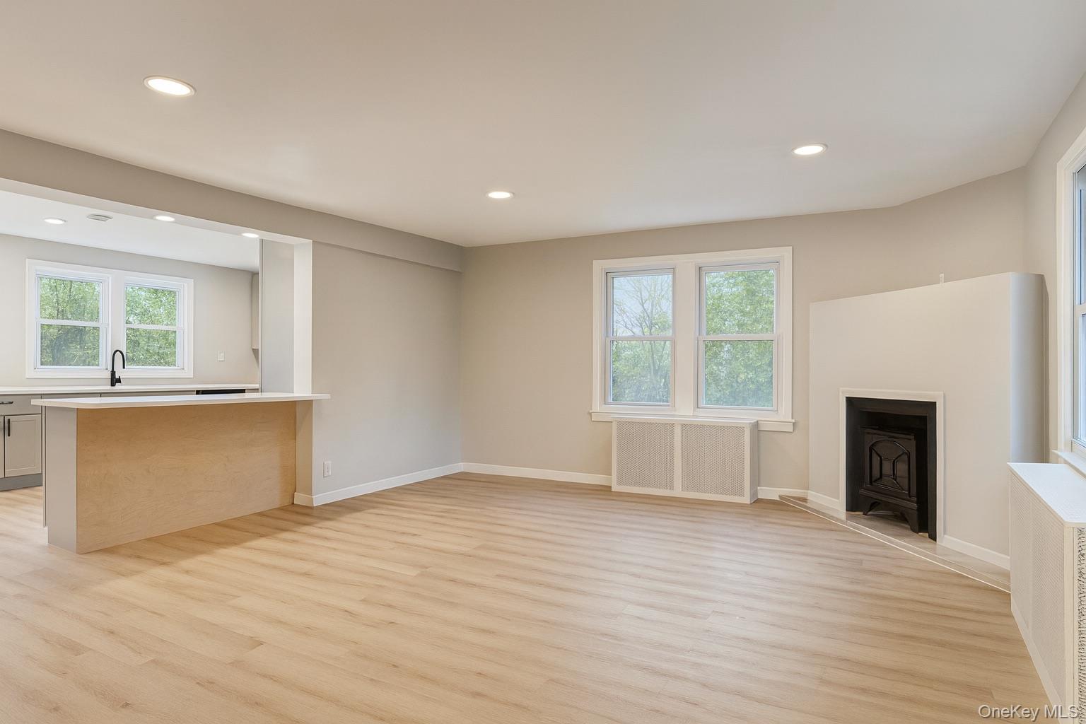 88 Cold Spring Road Liberty, NY 12754 - Photo 12 of 32 Unfurnished living room featuring radiator heating unit, recessed lighting, light wood-type flooring, and a fireplace