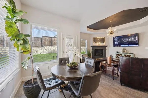 a living room with furniture a fireplace and a potted plant