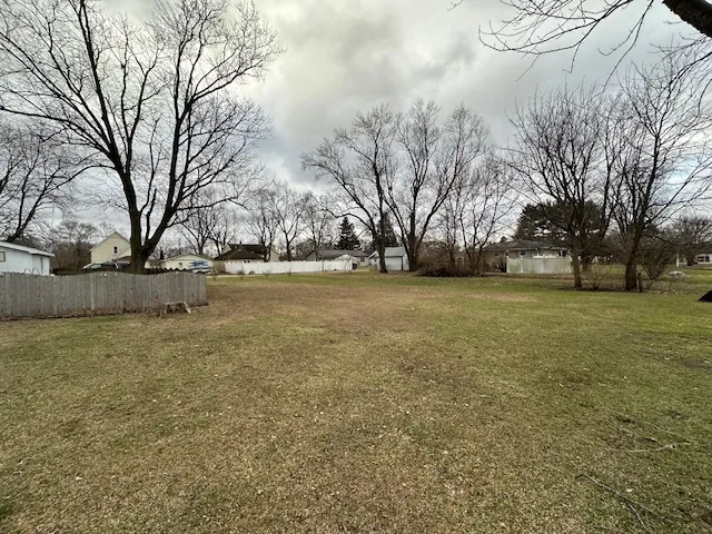 a view of a field with trees in the background