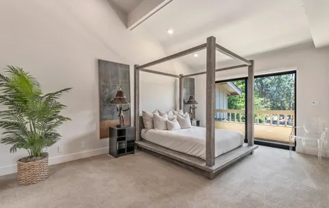 a spacious bedroom with a bed and a potted plant