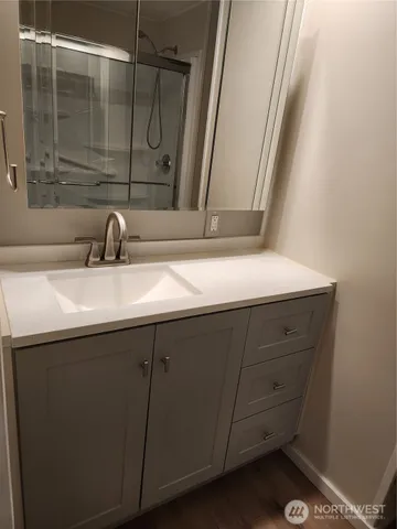 a bathroom with a sink and a mirror