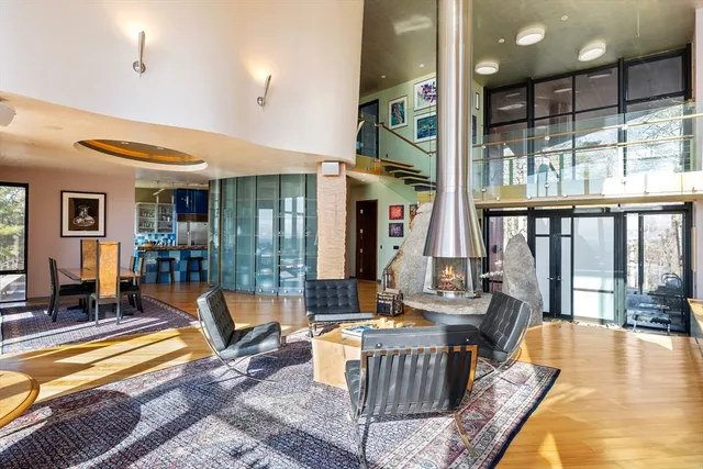 a living room with furniture and a table