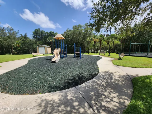 a view of a park with large trees