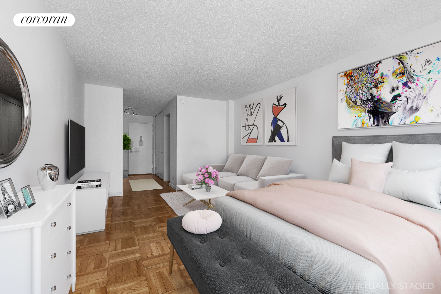 230 East 15th Street, Unit 3K Manhattan, NY 10003 - Photo 3 of 5 a bedroom with a bed and a flat screen tv