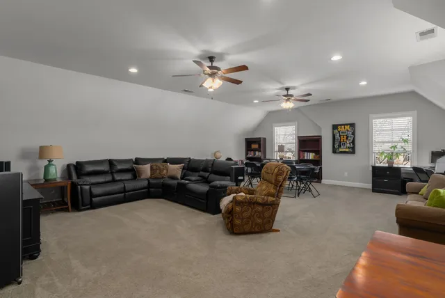 a living room with furniture ceiling fan and a rug