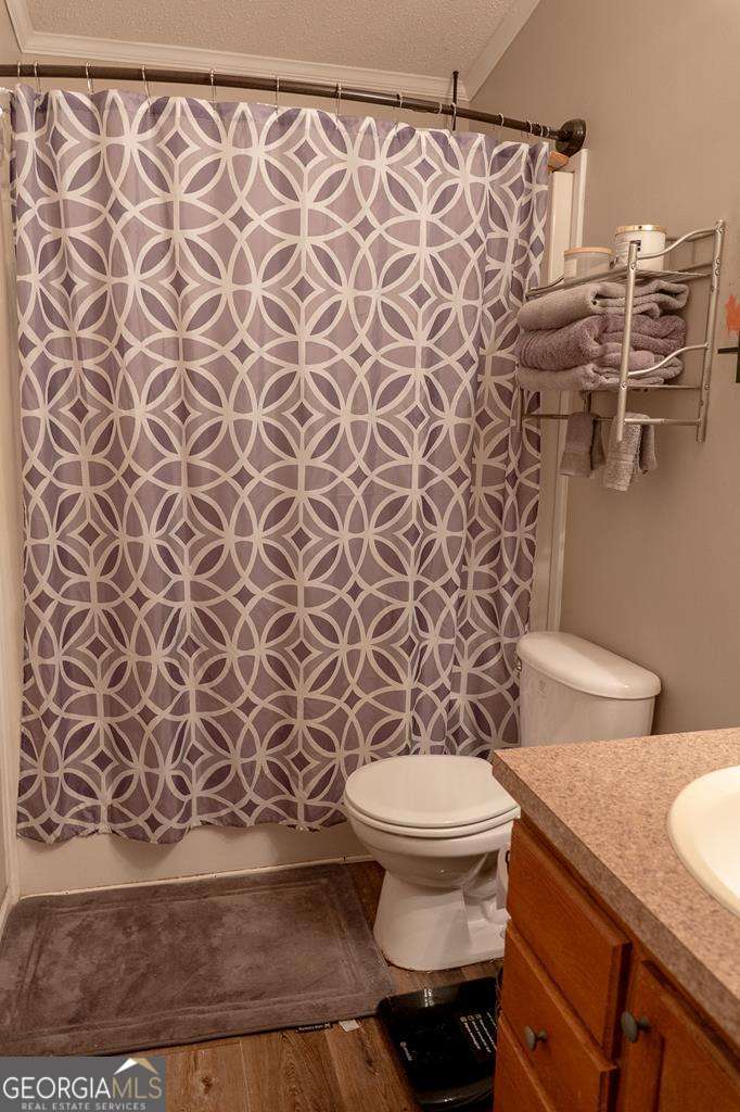 714 Yates Road Bowdon, GA 30108 - Photo 12 of 28 a bathroom with a toilet and a shower curtain
