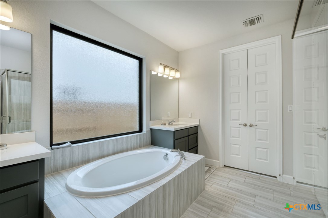 1401 Mulberry Oak Lane Georgetown, TX 78628 - Photo 15 of 29 a bathroom with a tub a sink and a large mirror
