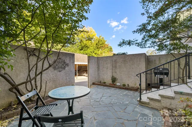 a backyard of a house with table and chairs