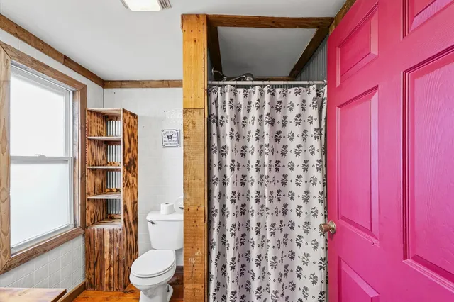a bathroom with a toilet and a shower curtain