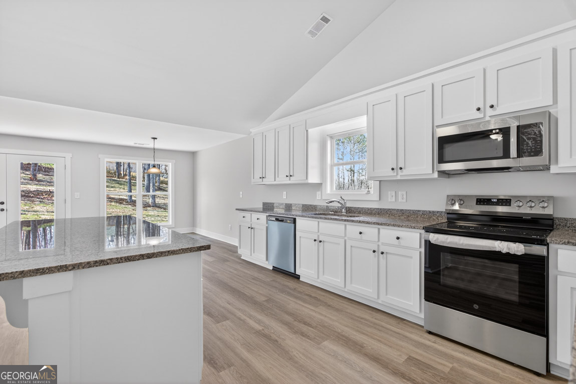 110 Chad Walk, Unit 56 Statham, GA 30666 - Photo 21 of 53 a kitchen with stainless steel appliances granite countertop a stove a sink and a microwave
