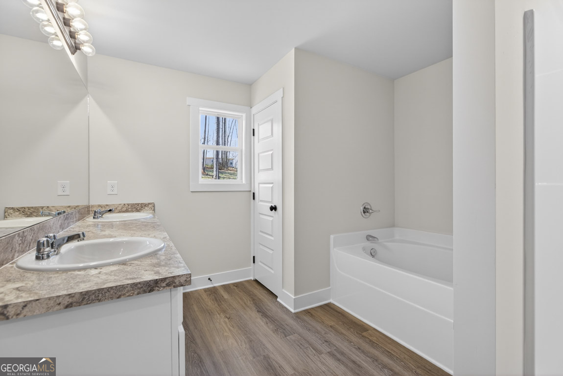 110 Chad Walk, Unit 56 Statham, GA 30666 - Photo 44 of 53 a bathroom with a granite countertop sink and a bathtub