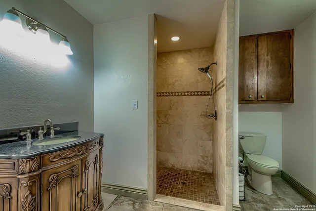 a bathroom with a granite countertop sink a toilet and shower