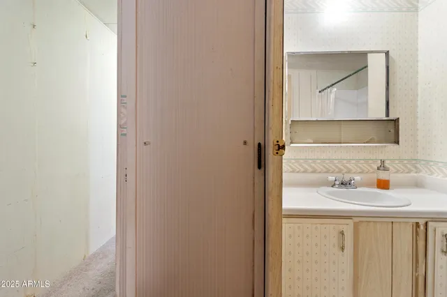 a bathroom with a sink and a mirror