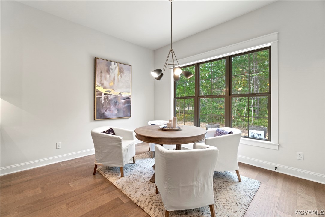 11734 Kings Pond Drive Providence Forge, VA 23140 - Photo 10 of 17 a dining room with furniture a chandelier and wooden floor