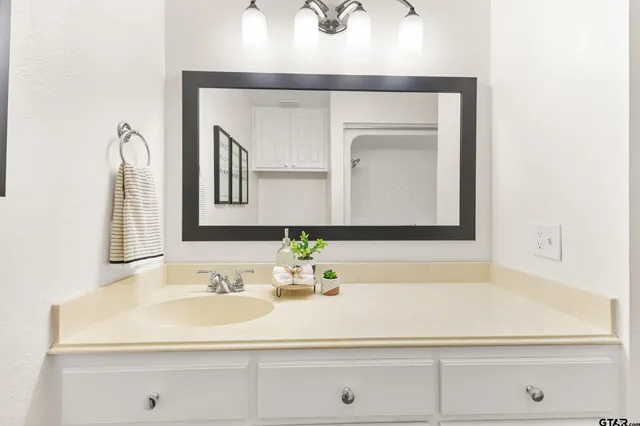 a bathroom with a sink vanity and a mirror