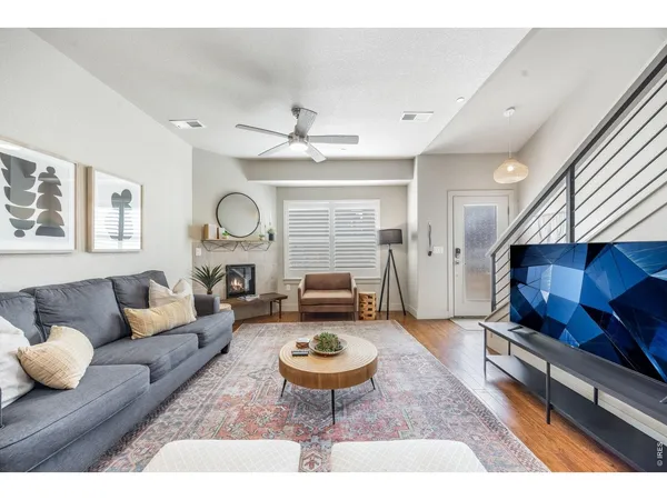 a living room with furniture a rug and a fireplace