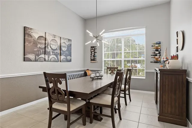 a view of a dining room with furniture window and outside view