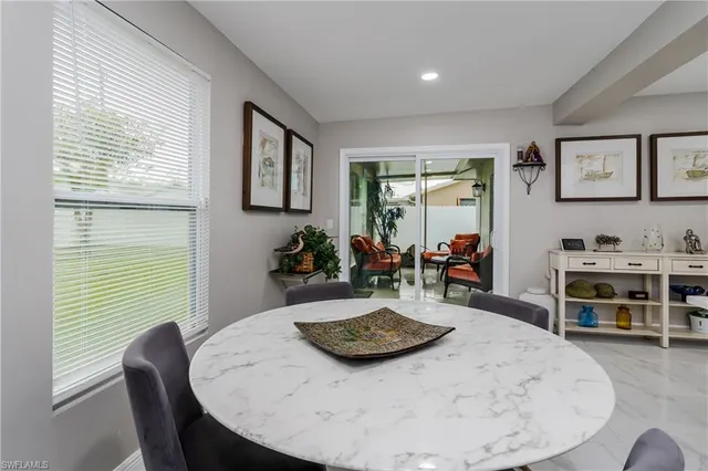 a view of a dining room with furniture window and outside view