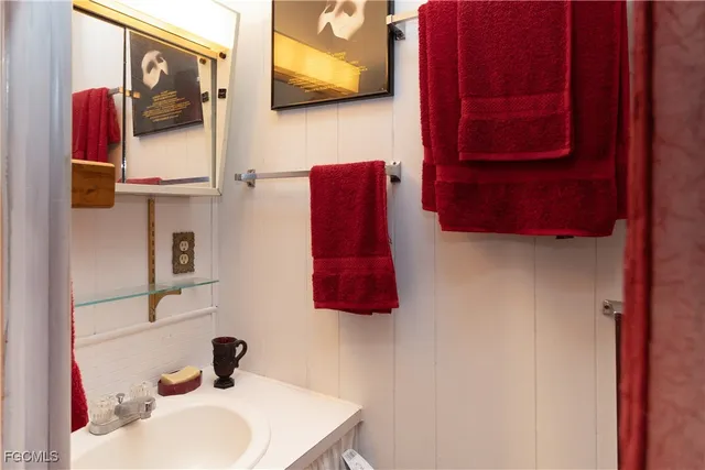 a bathroom with a sink and a mirror
