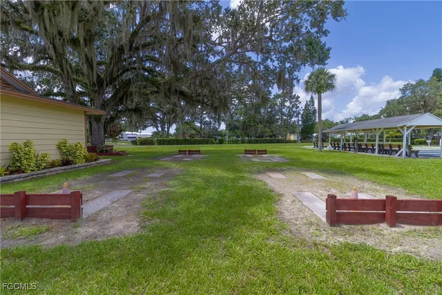 a view of a park with large trees
