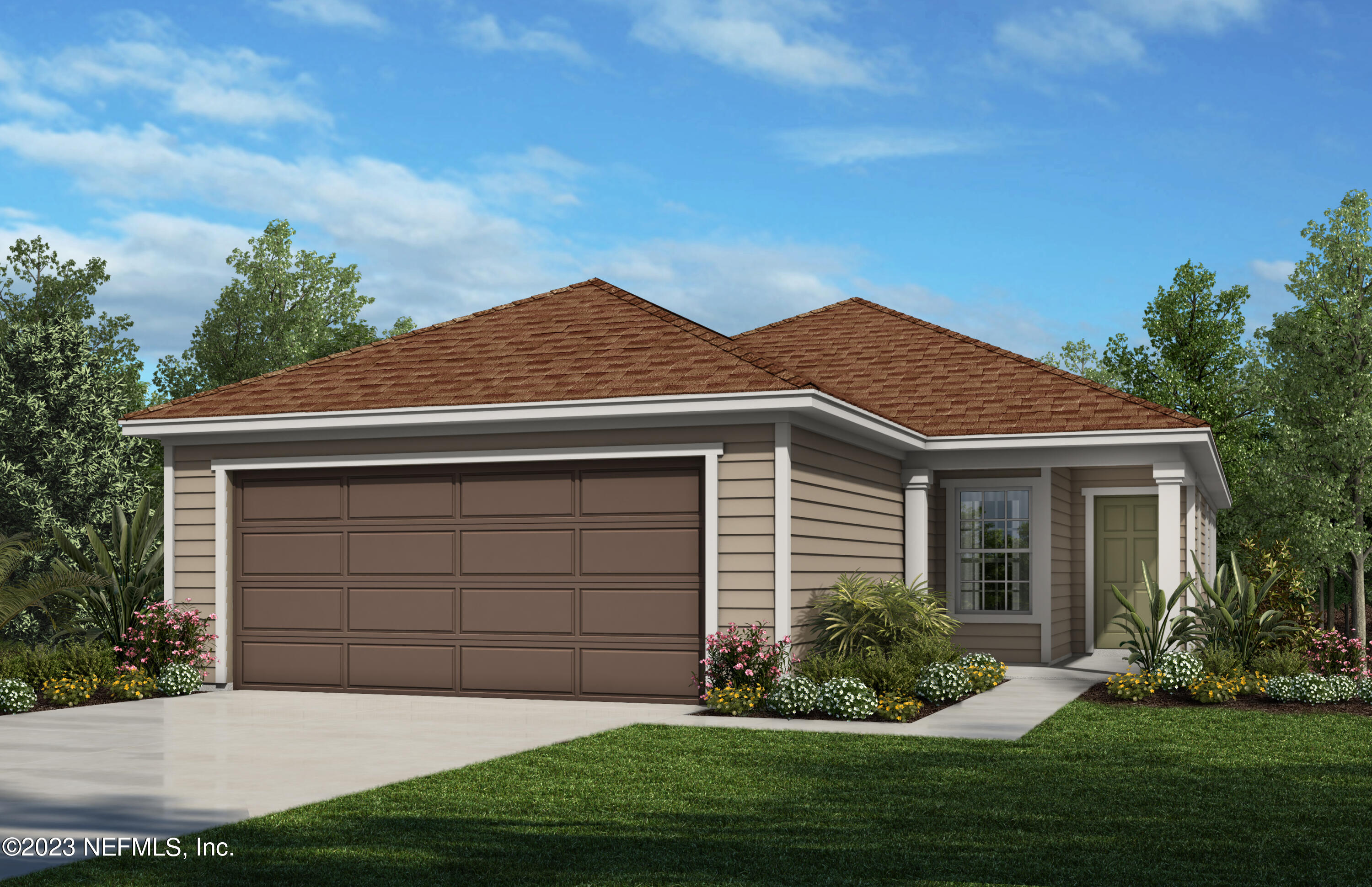 a front view of a house with a yard and garage