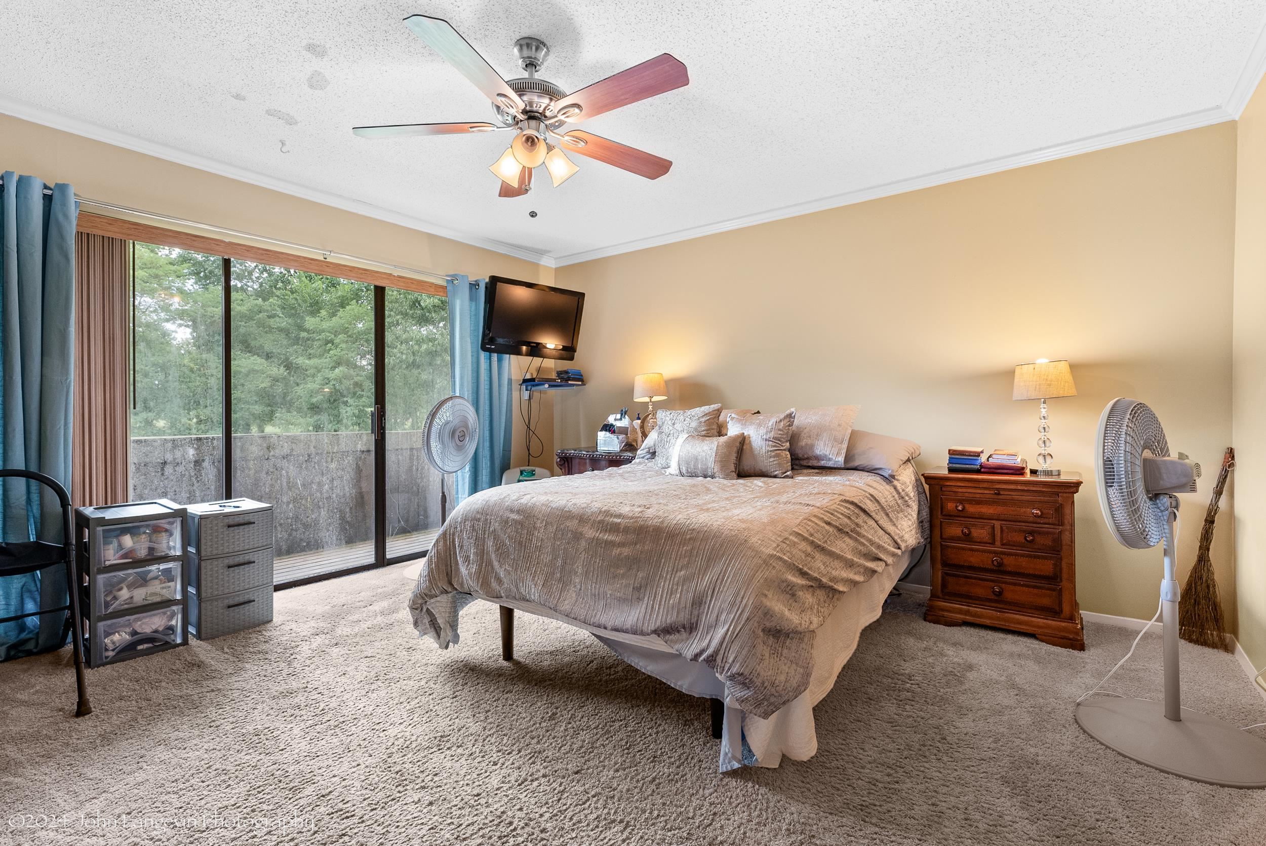 3118 Knob Hill Road Lakeland, TN 38002 - Photo 12 of 27 Carpeted bedroom with access to outside, a textured ceiling, ornamental molding, and ceiling fan