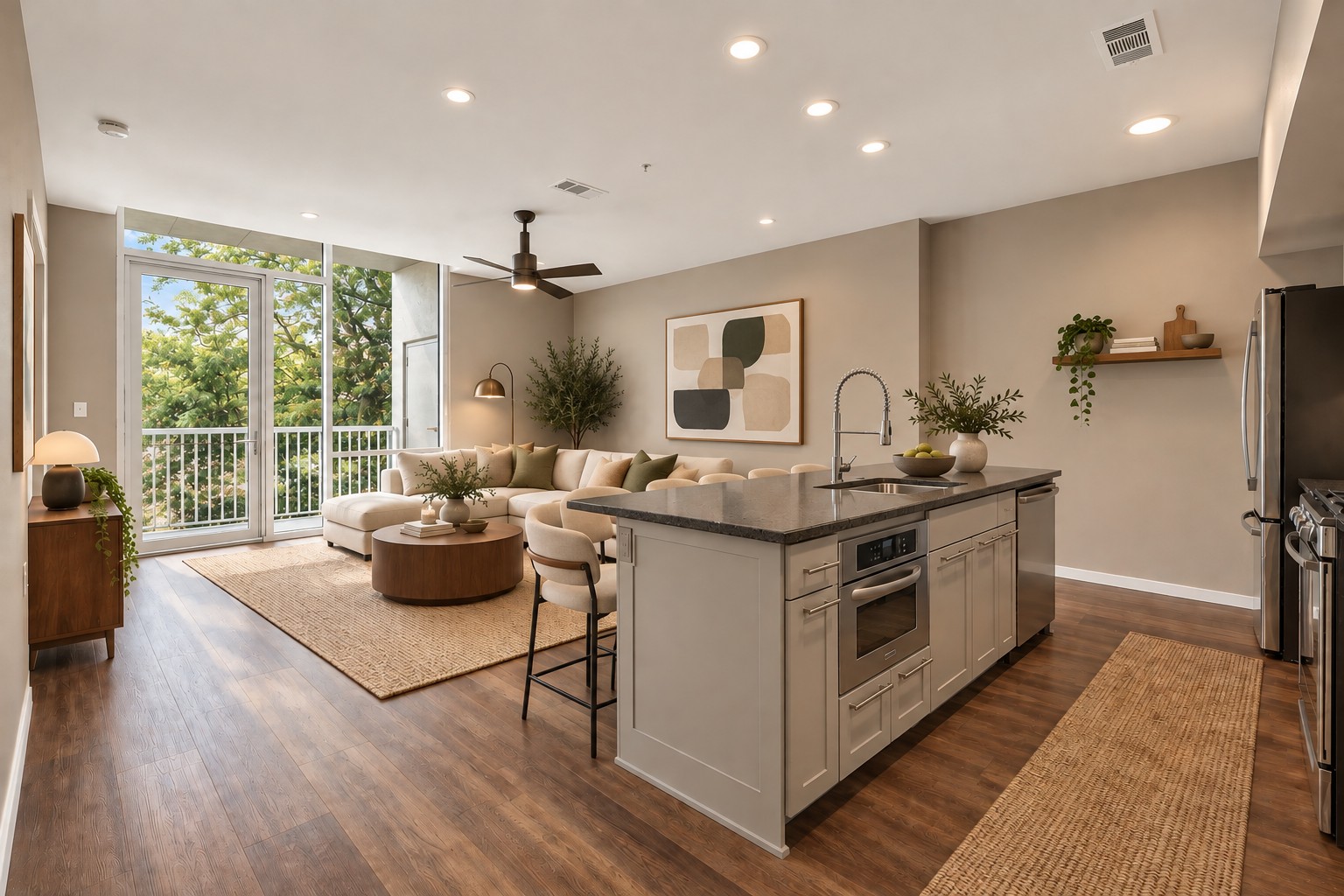 1600 Barton Springs Road, Unit 5308 Austin, TX 78704 - Photo 7 of 34 Warm neutral interiors pair with abundant natural light from floor to ceiling windows throughout. -Virtually Staged