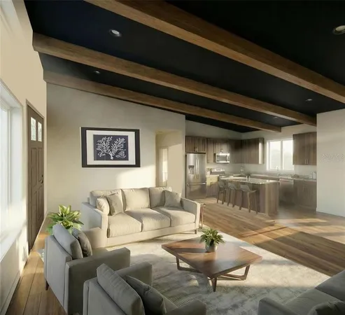 a living room with furniture and a table