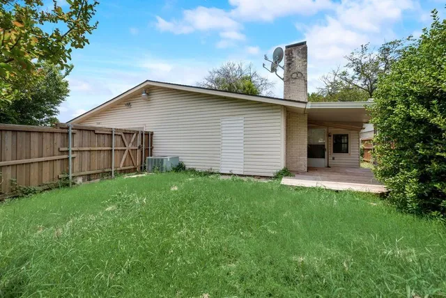 a view of a backyard that has plants and large tree