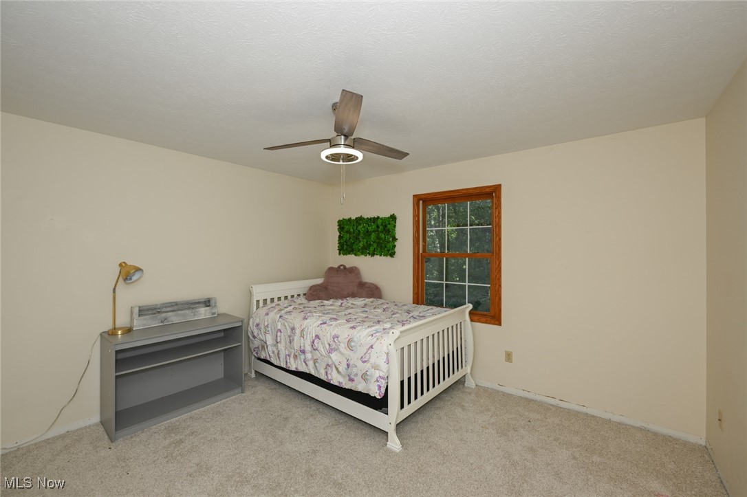 4845 State Road Medina, OH 44256 - Photo 27 of 47 Bedroom with light colored carpet, ceiling fan, and a textured ceiling