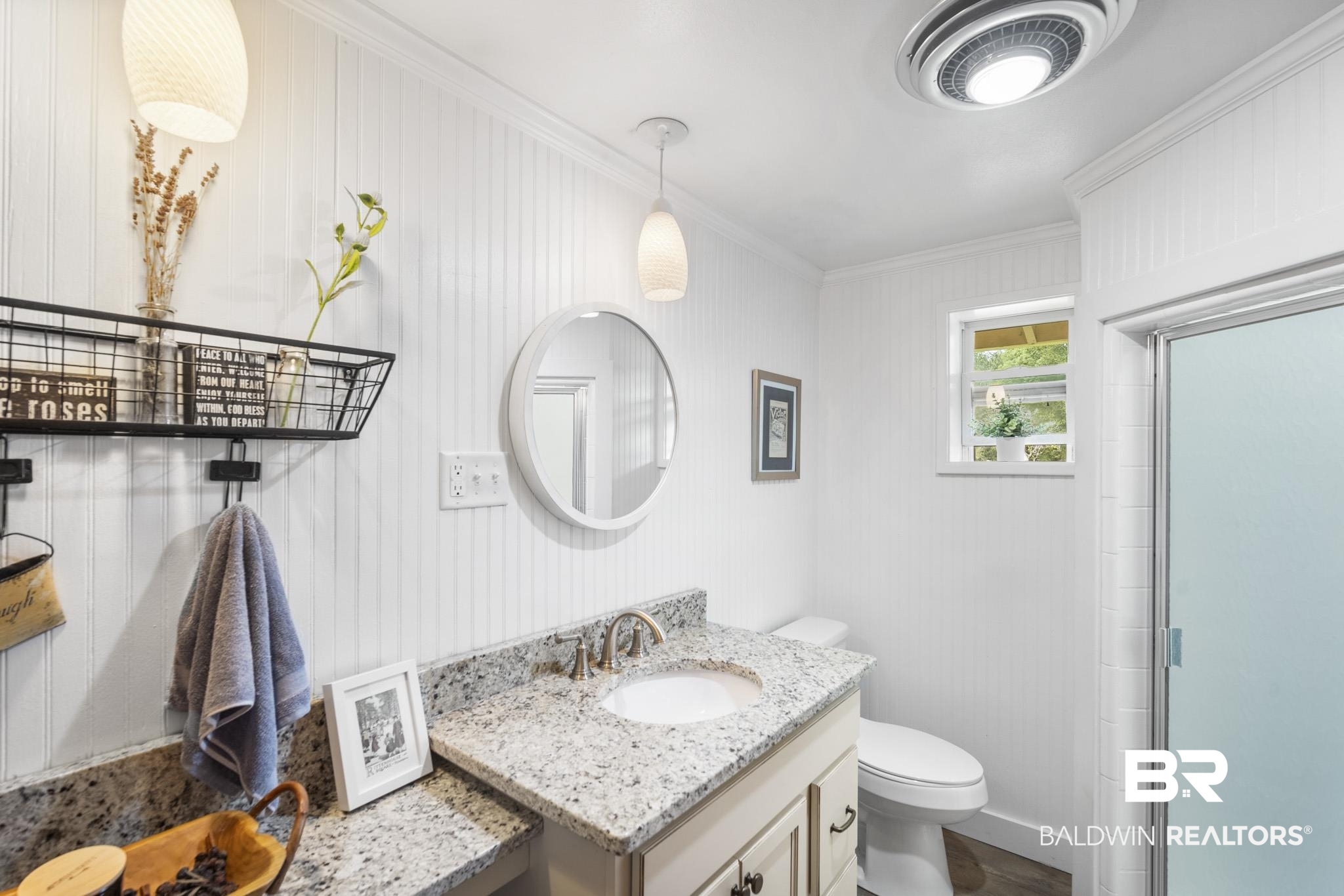 16475 River Park Road Fairhope, AL 36532 - Photo 25 of 37 Bathroom featuring toilet, ornamental molding, a shower with shower door, and vanity