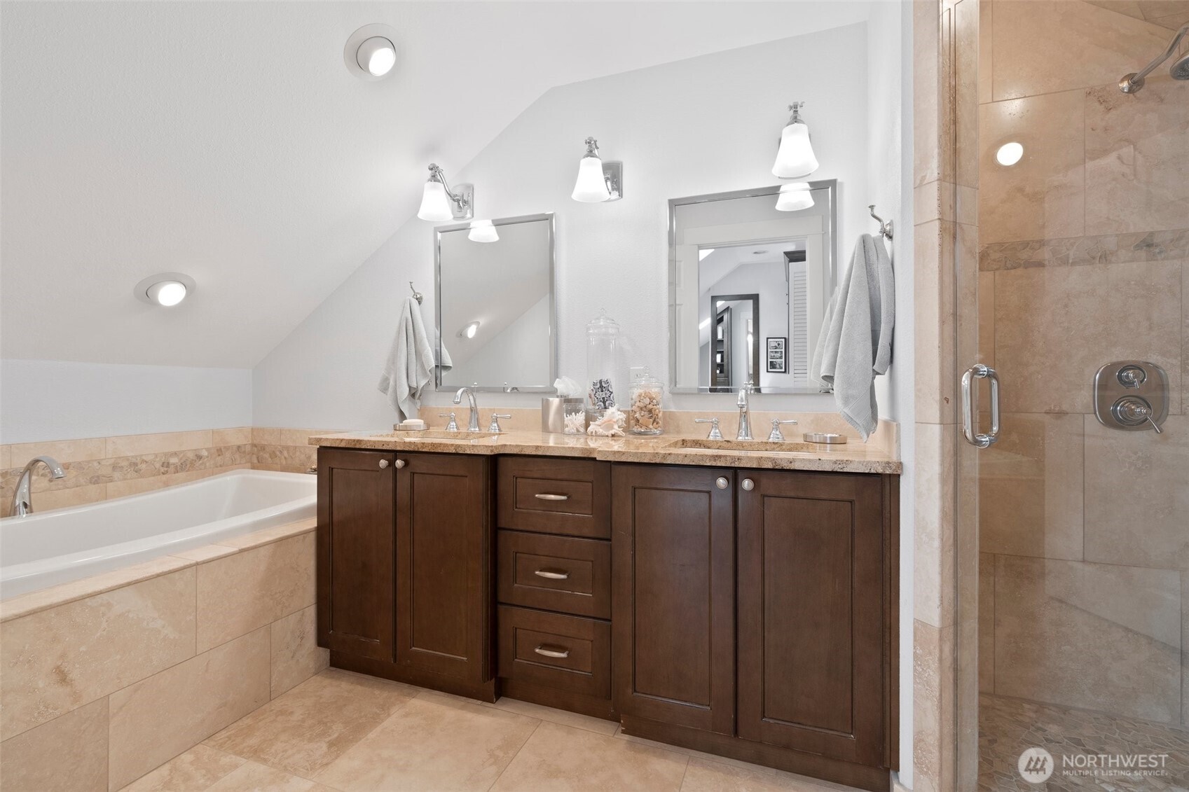 629 Brockway Road Chehalis, WA 98532 - Photo 24 of 40 a bathroom with a granite countertop double vanity sink a mirror and a bathtub