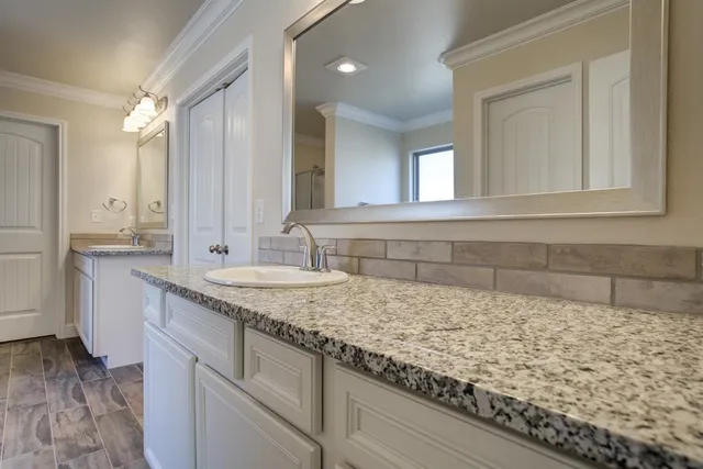 a bathroom with a granite countertop sink and a mirror