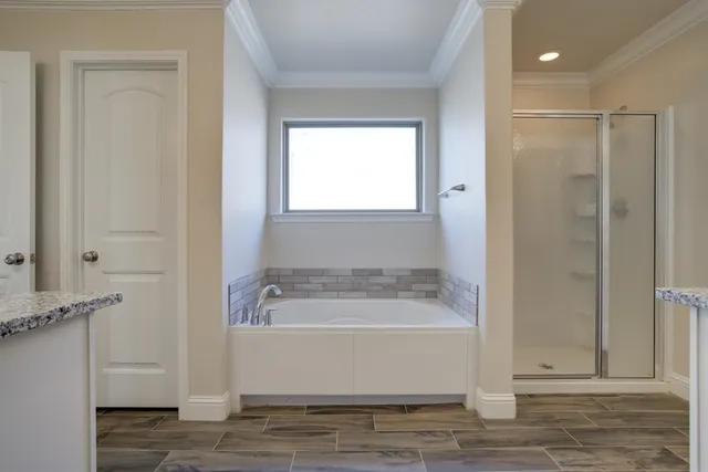 a bathroom with a bathtub and a shower