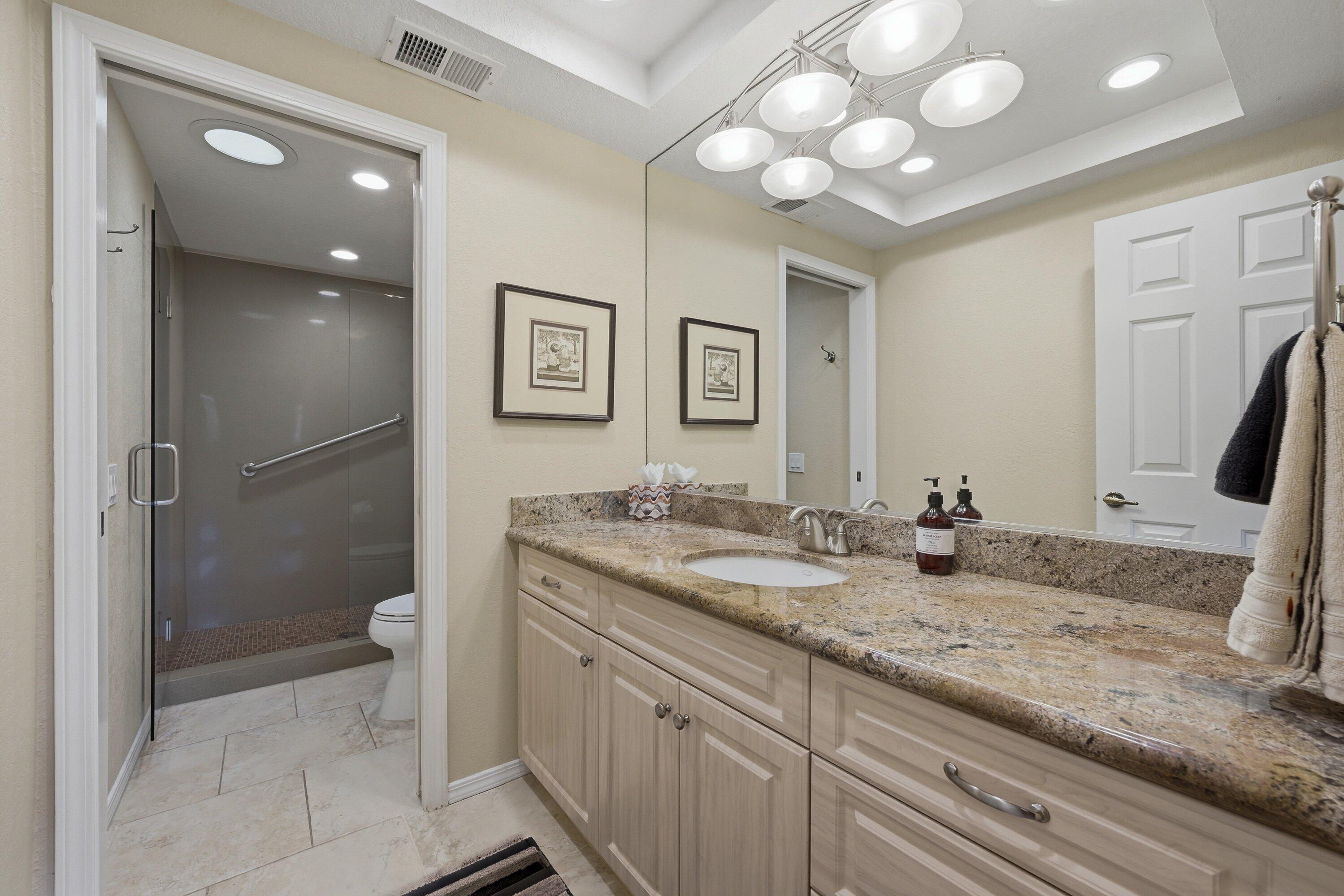 19 Maximo Way Palm Desert, CA 92260 - Photo 20 of 20 a bathroom with a granite countertop sink a toilet and a mirror