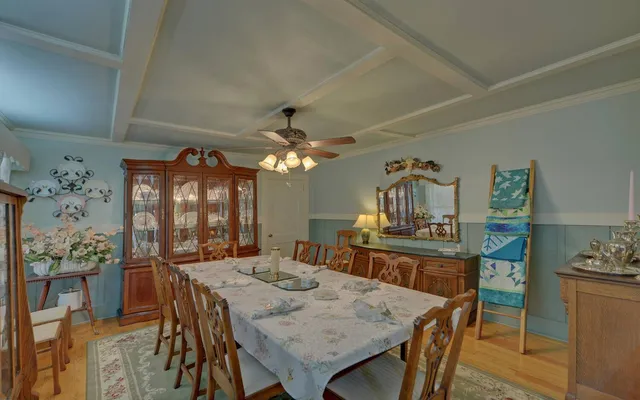 a view of a dining room with furniture