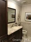 a bathroom with a sink a toilet and mirror