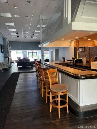 a garden view with a seating space