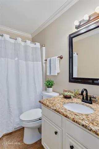 a bathroom with a granite countertop sink a toilet and a mirror