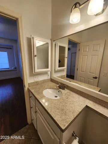 a bathroom with a sink and a mirror