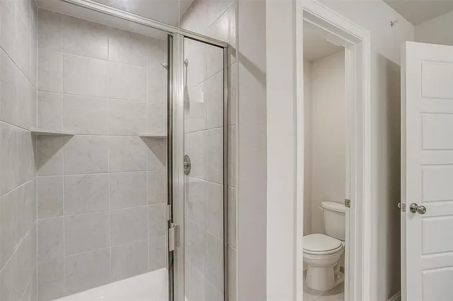 a bathroom with a shower and a toilet