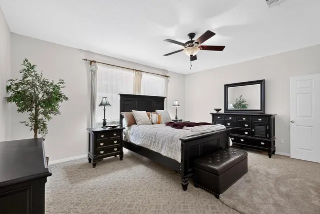 a bedroom with a bed and a potted plant