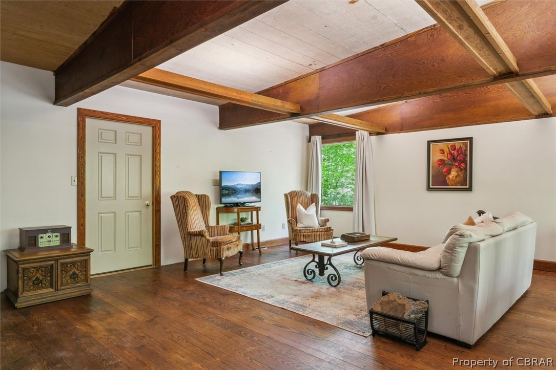 4544 Piney Swamp Road Hayes, VA 23072 - Photo 7 of 48 Living room with dark hardwood / wood-style floors, beamed ceiling, and wooden ceiling