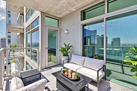 a view of a balcony with city view