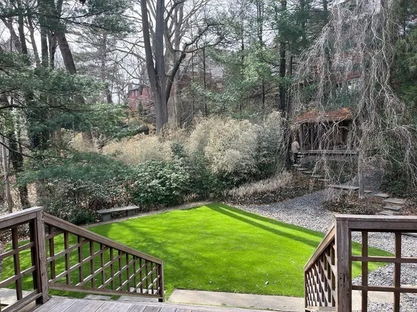 a view of a backyard with large trees