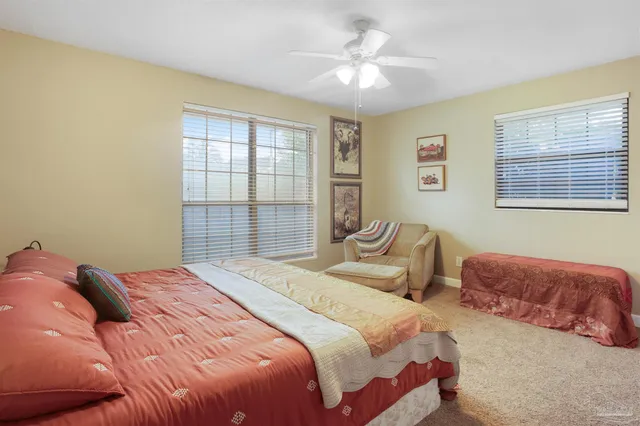 a bedroom with a large bed and a window